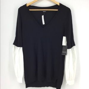 Trouve Woven Balloon Sleeve Balloon V-Neck Sweater